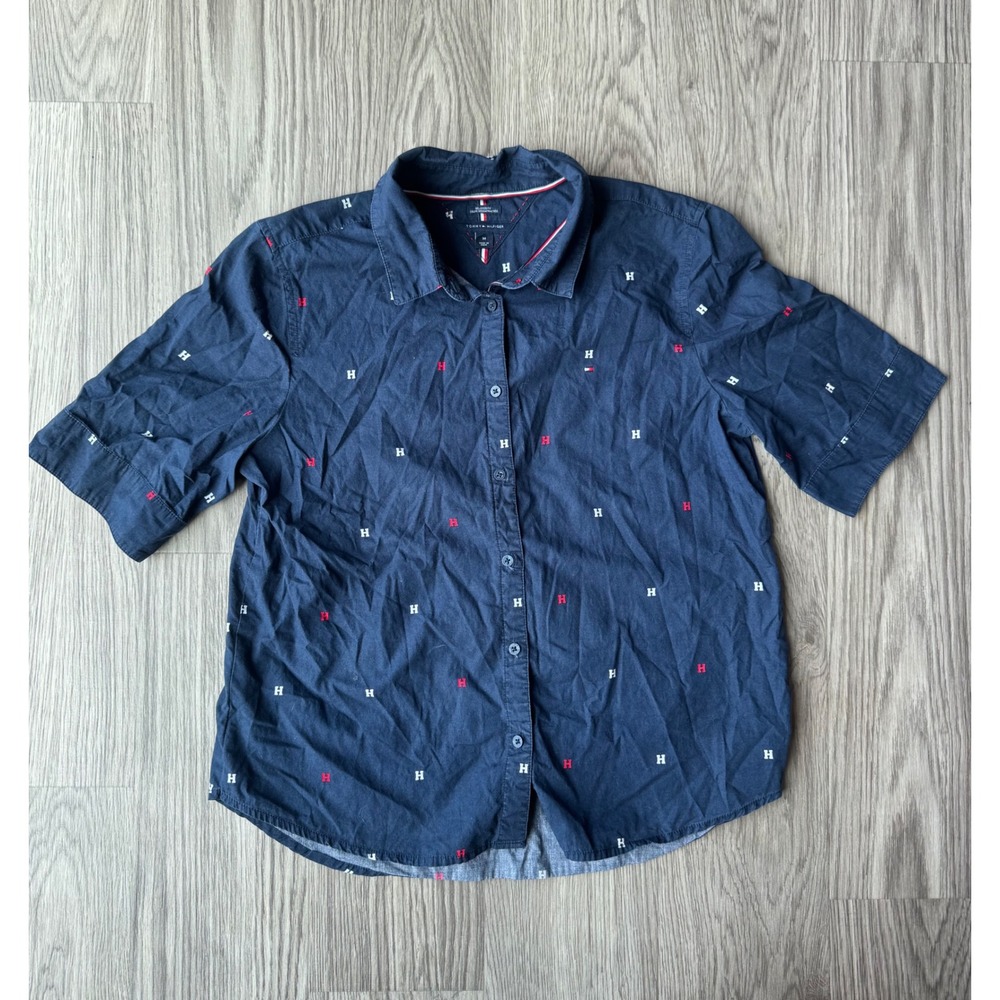 Tommy Hilfiger Mens Navy Blue Embroidered H Monogram Short Sleeve Button Down M